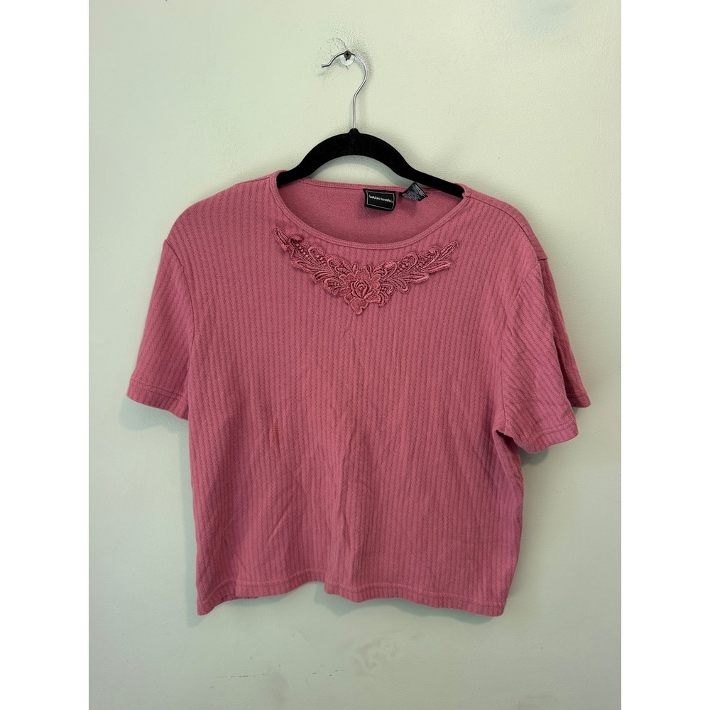 Bobbie Brooks Womens Pink Lace Applique Ribbed Short Sleeve Knit Top Large 14/16